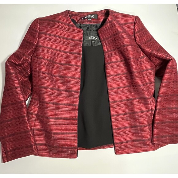 NEW Kasper Suit Jacket Red Black Stripe & Black Side Zip Top Women 10 Petite - Picture 2 of 15
